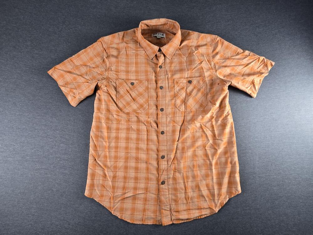 Orvis Shirt Mens Medium Orange Plaid Short Sleeve Button Up Dual Pockets Casual